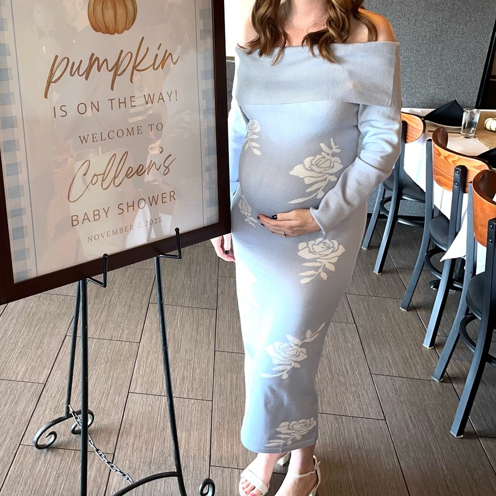 Off-Shoulder Light Blue Dress with White Floral Pattern